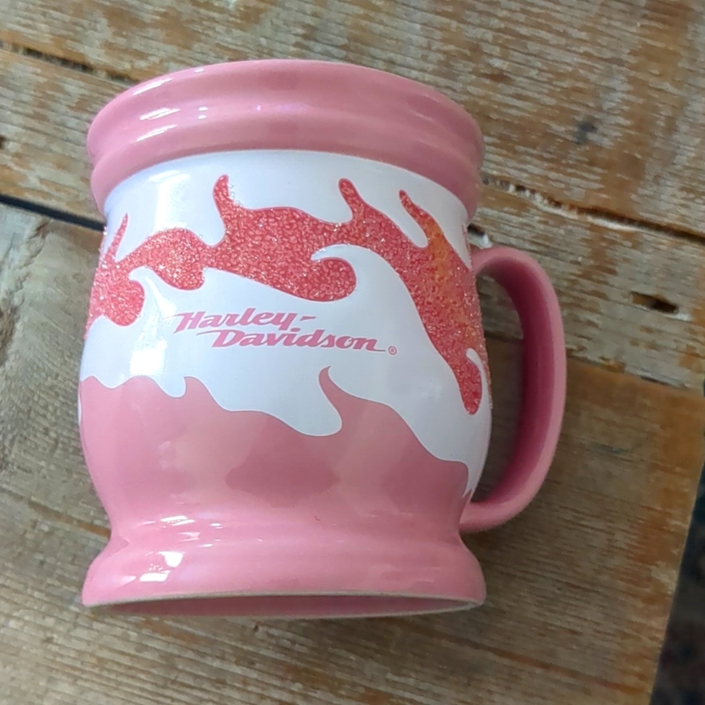 HARLEY DAVIDSON MUG Vintage pink and white with glitter sand